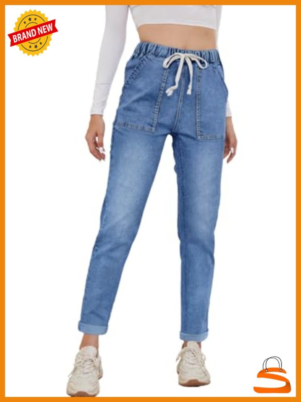 Womens Pull-on Jeans Stretch High Waisted Elastic Waist Denim Joggers Pants
